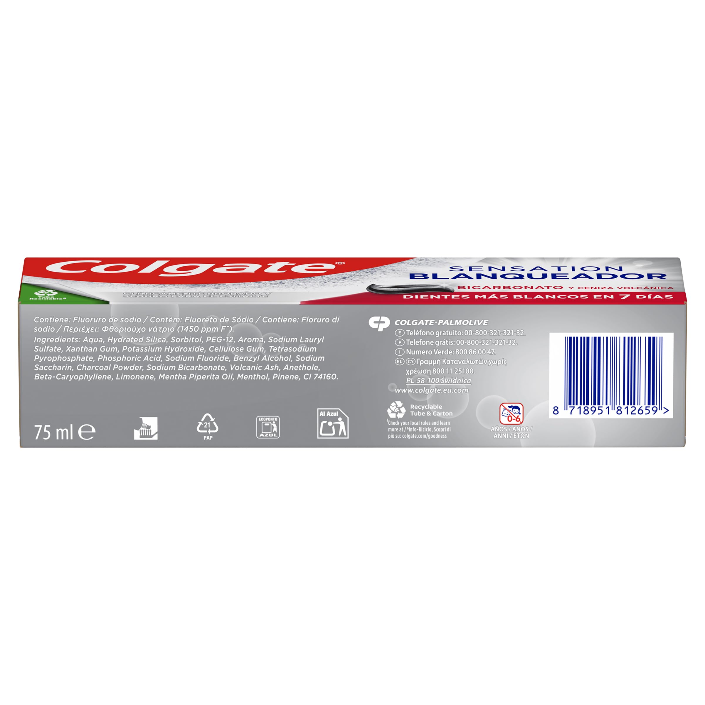Colgate - Pasta de dientes Advanced White con Bicarbonato y Ceniza Volcánica, Pack 12 x 75 ml, Dientes más blancos en 7 días, clínicamente probada para eliminar las manchas superficiales