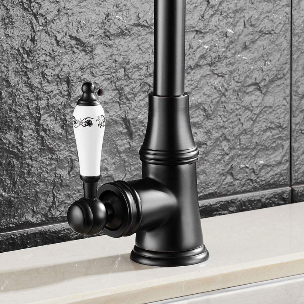 Grifo de Cocina Retro de latón Negro con manija de cerámica, Mezclador de Agua para Fregadero y Lavabo. Grifos Elegantes para cocinas Modernas y Vintage.