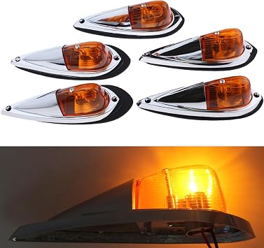 Universal Amber Lens Amber Light Teardrop Style 5pcs Cab Marker Top Roof Running Lights, Replacement for Kenworth, Peterbilt, Freightliner, Mack, Western Star Trucks and Trailers