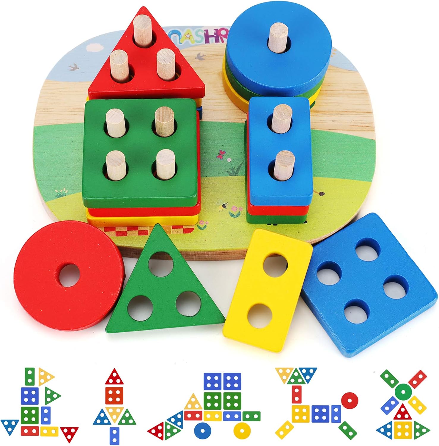 Educational Toddler Toys for Boys Girls, Wooden Shape Color Recognition Preschool Stacking Sort Geometric Board Blocks for Kids Children Baby, Non-Toxic