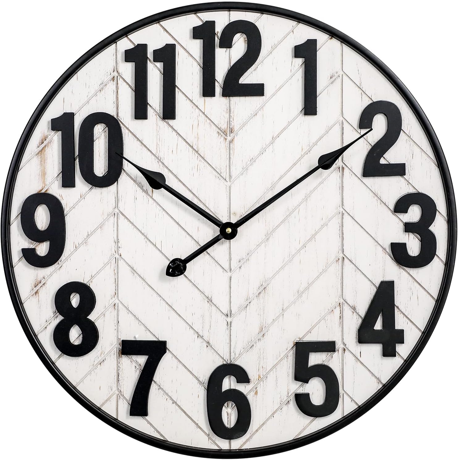 24 Inch Large Wall Clock, Rustic Wooden Farmhouse Wall Clock with Black Metal Frame, Battery Operated Non-Ticking Silent Wall Clocks for Living Room, Kitchen, Bedroom (Whitewashed)