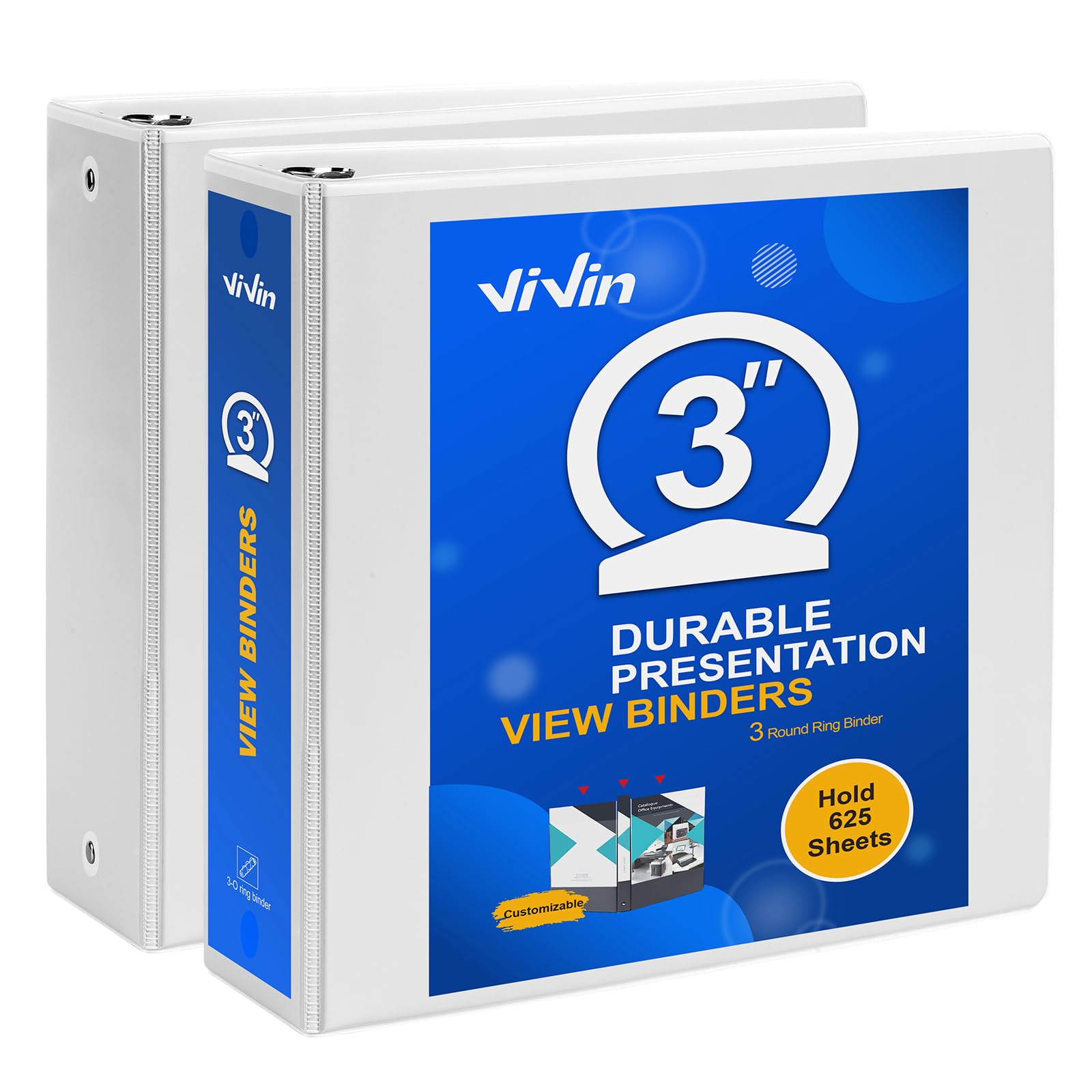 ViVin 3 Ring Binder 3 inch with Clear View Cover, Large 3" Round Ring for Strength, Holds 600 Sheets of US Letter Size Paper, Office Home School, 2