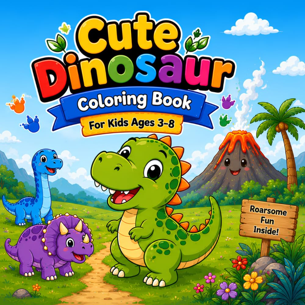 Cute Dinosaur Coloring Book for Kids Ages 3–8: Easy and Fun Dinosaur Coloring Pages with Cute T-Rex, Triceratops, Stegosaurus, Brachiosaurus, Ankylosaurus, and More!