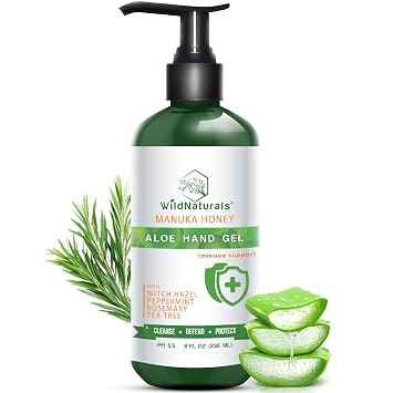 Wild Naturals Pure Aloe Vera Gel Hand Cleaner - 100% Aloe Vera Gel Organic with Manuka Honey, Witch Hazel, Peppermint, Oregano, Rosemary, Cleansing Tea Tree - Organic Waterless Purifying Wash