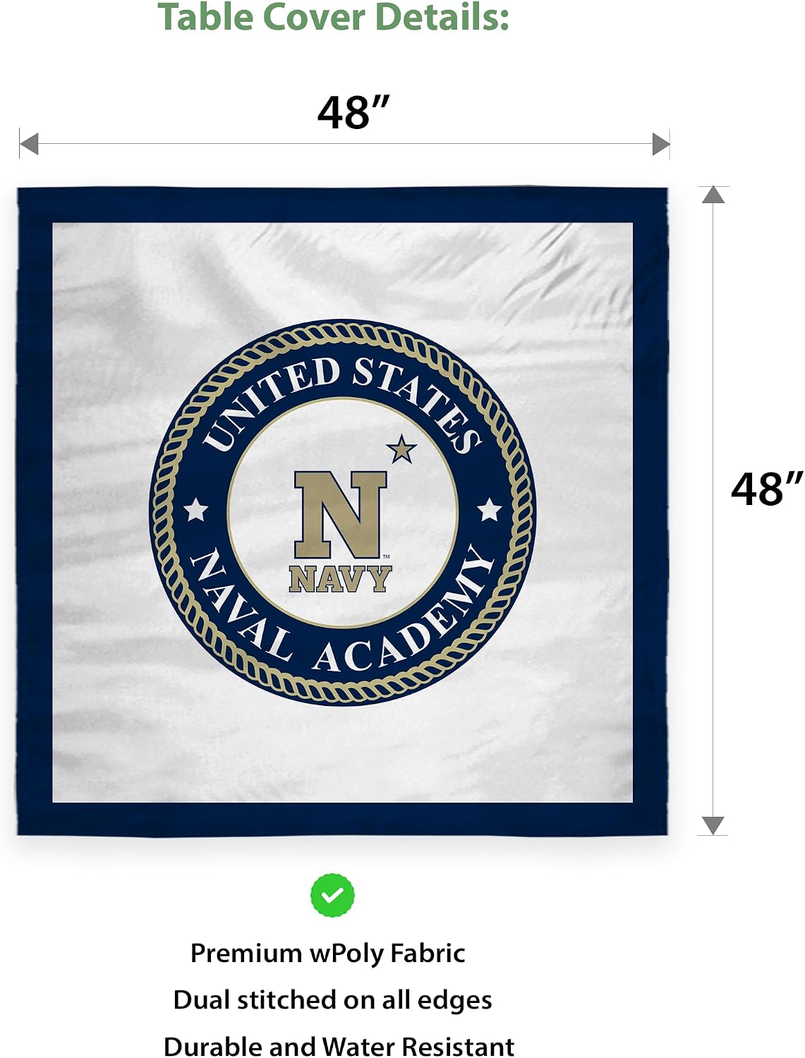 USNA Naval Academy Tablecover, 48in. Wide x 48in. Long, Gold-Blue Polyester, Party supplies, Navy Shipmen tablecloth for graduation, football tailgating, and birthday party decorations
