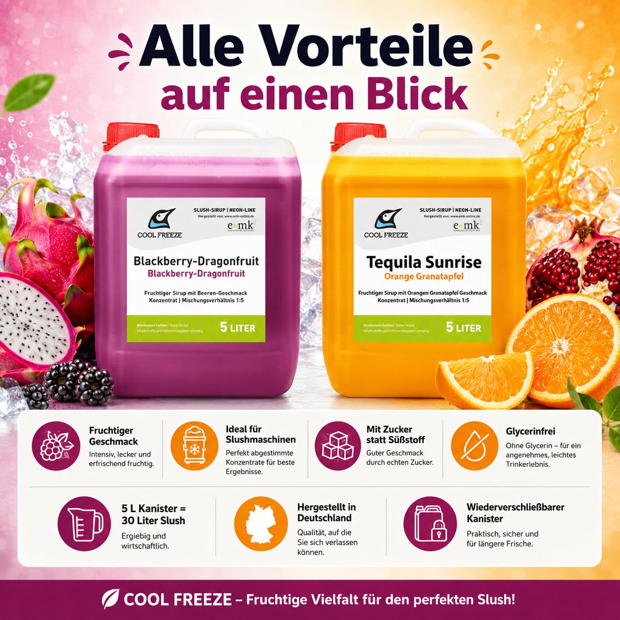 2 er Set Slush Eis Sirup | Drachenfrucht und Orange+Granatapfel aus Fruchtsaftkonzentrat | glycerin- und alkoholfrei