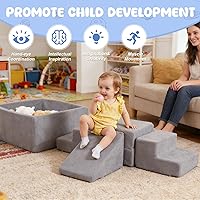 Vista 6 de STAOLENE Bloques de escalada de espuma suave con pozo de bolas, 6 juguetes grises de escalada para niños pequeños, juego de actividades de escalada
