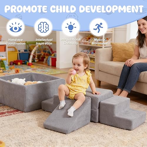 Miniatura 6 de STAOLENE Bloques de escalada de espuma suave con pozo de bolas, 6 juguetes grises de escalada para niños pequeños, juego de actividades de escalada