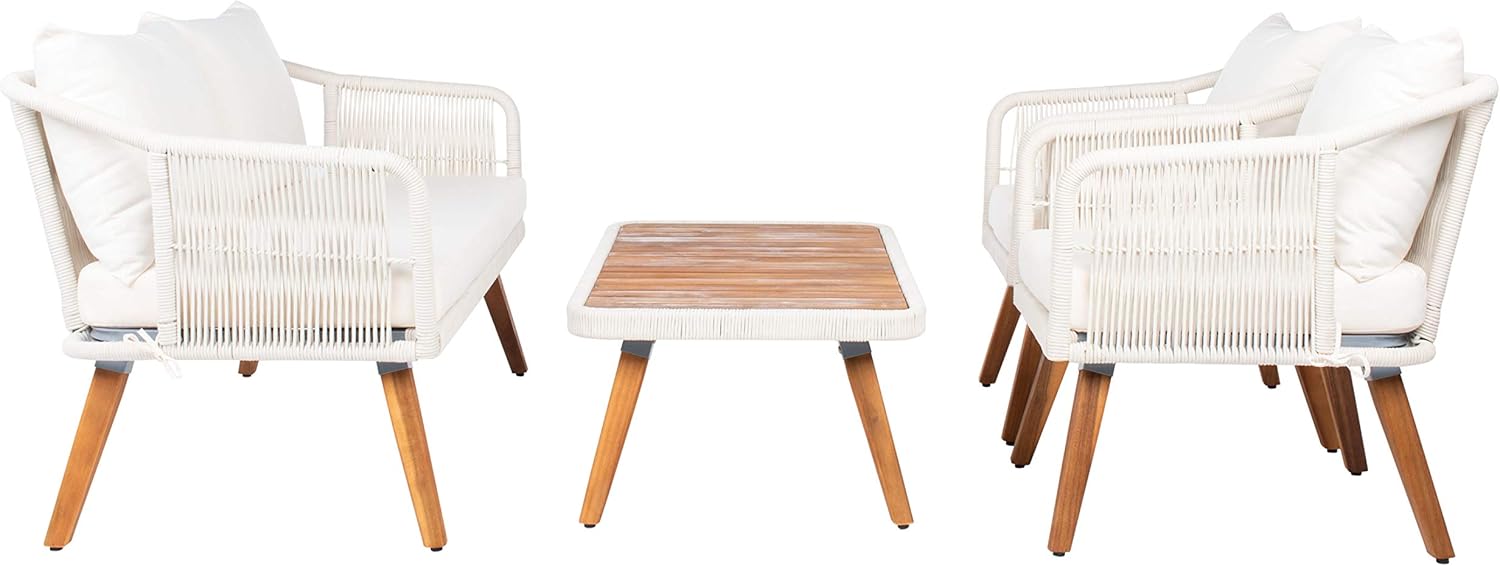 SAFAVIEH Outdoor - Raldin Beige Rope 4-Piece Patio Set, Eucalyptus Wood Conversation Set with Cushions, Outdoor Sofa, Chairs & Coffee Table (PAT7049D)