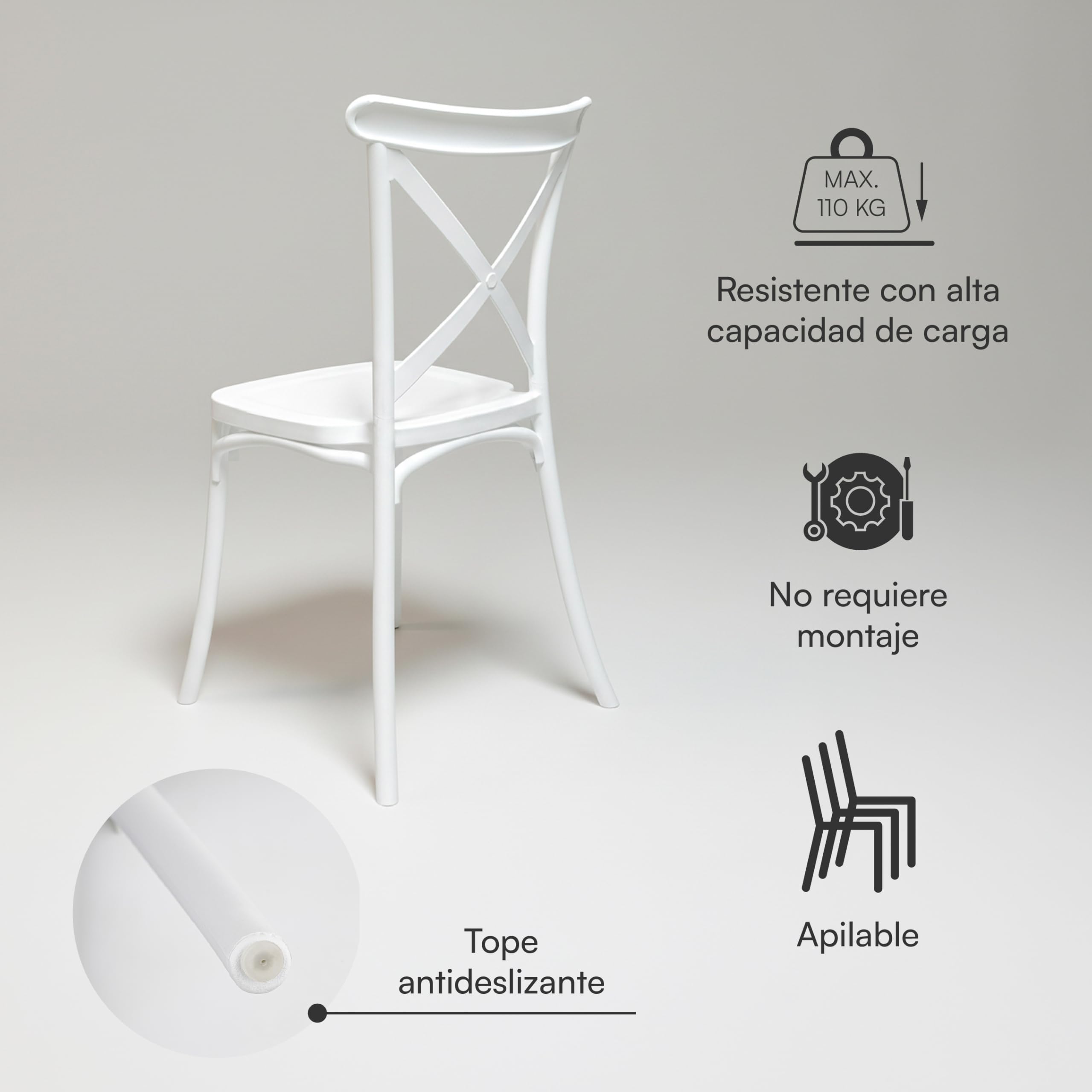 Baroni Home Set de 4 Sillas de Plástico Blanco – Apilables, Sin Montaje, Fáciles de Limpiar, con Patas Antideslizantes, para Cocina, Salón, Comedor, Exterior, 44x44x82 cm, Respaldo Trenzado