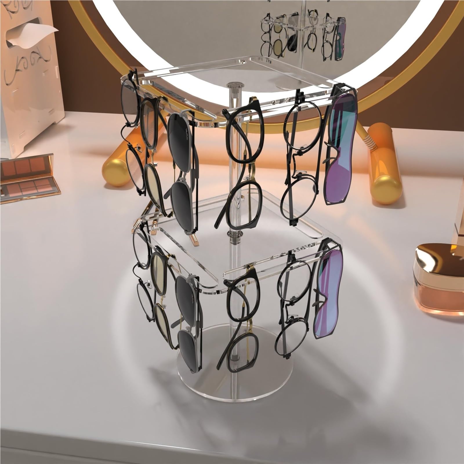 Porta Occhiali Portaocchiali Espositore da Tavolo for Occhiali da Sole in Acrilico con Rotazione A 360° Espositore Occhiali(Transparent,20x20x39.5cm)