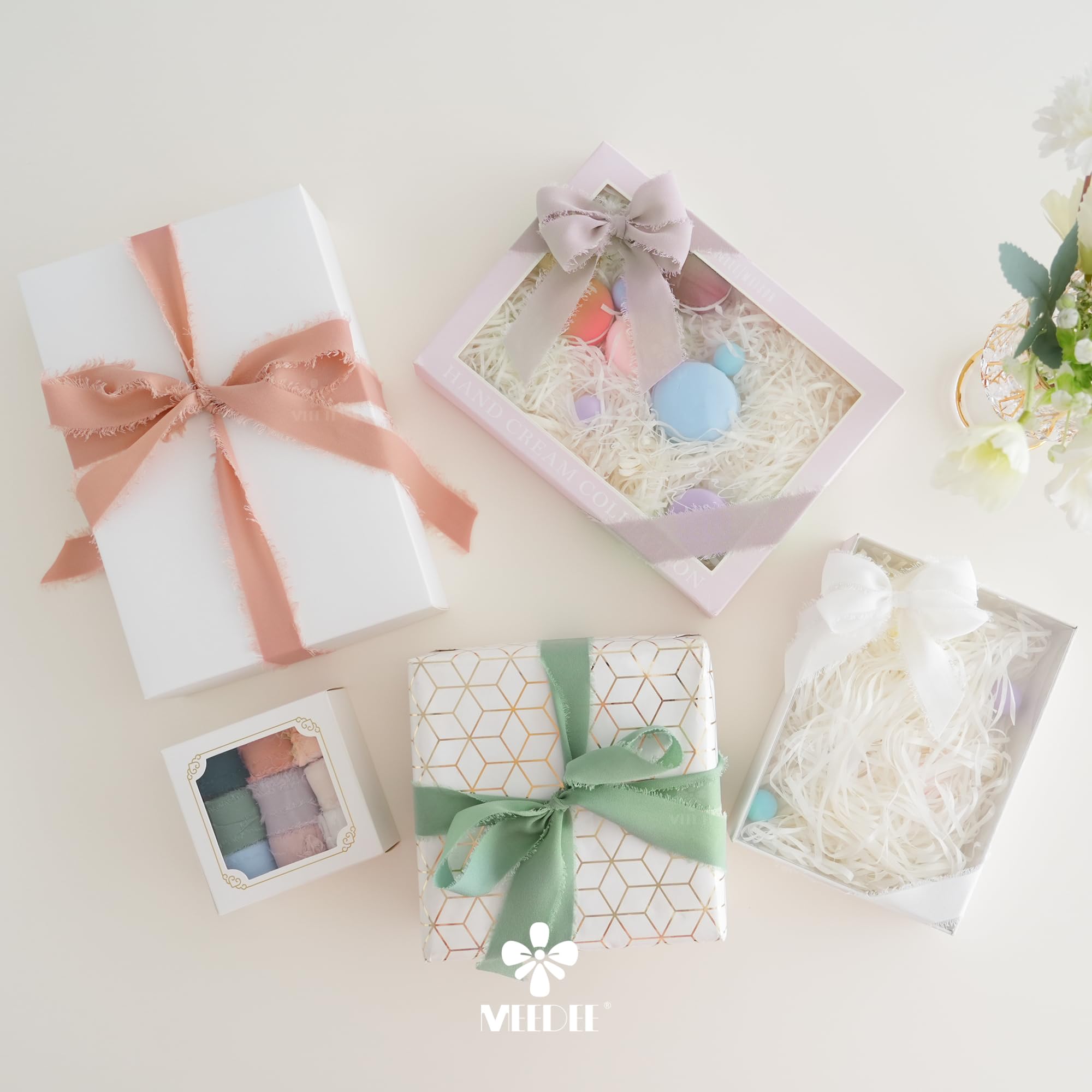 MEEDEE Chiffonband, 2,5 cm, ausgefranstes Chiffon-Seidenband, sortiert, ausgefranster Rand, gemischte Farben, dünne Chiffonbänder für Bastelarbeiten, Geschenkverpackungen, Hochzeitseinladungen (9