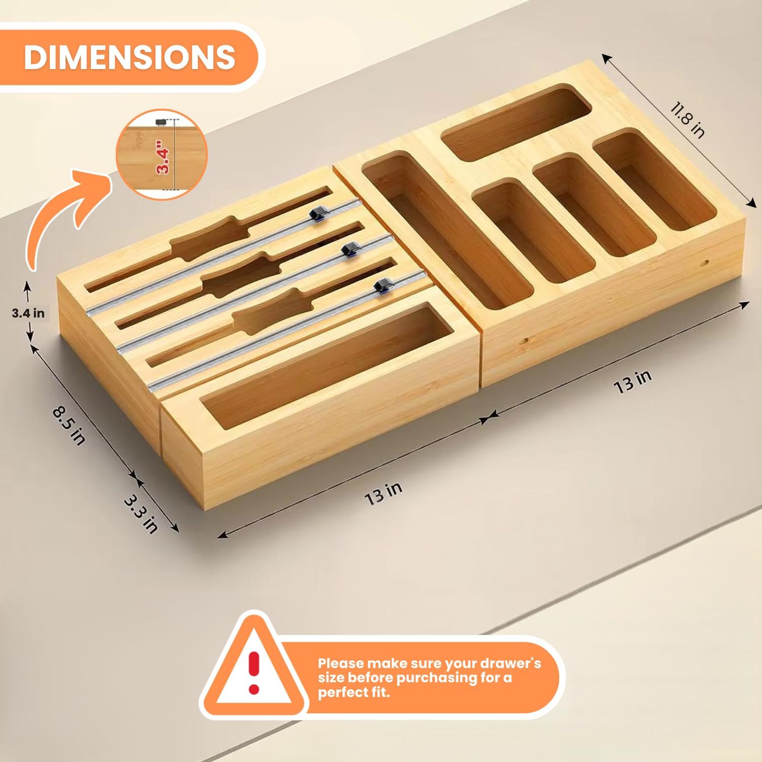 Storage Bag Organizer for Kitchen Drawer, Foil and Plastic Wrap with Cutter, Organizers Compatible Gallon, Quart, Sandwich Snack Size 9 in 1
