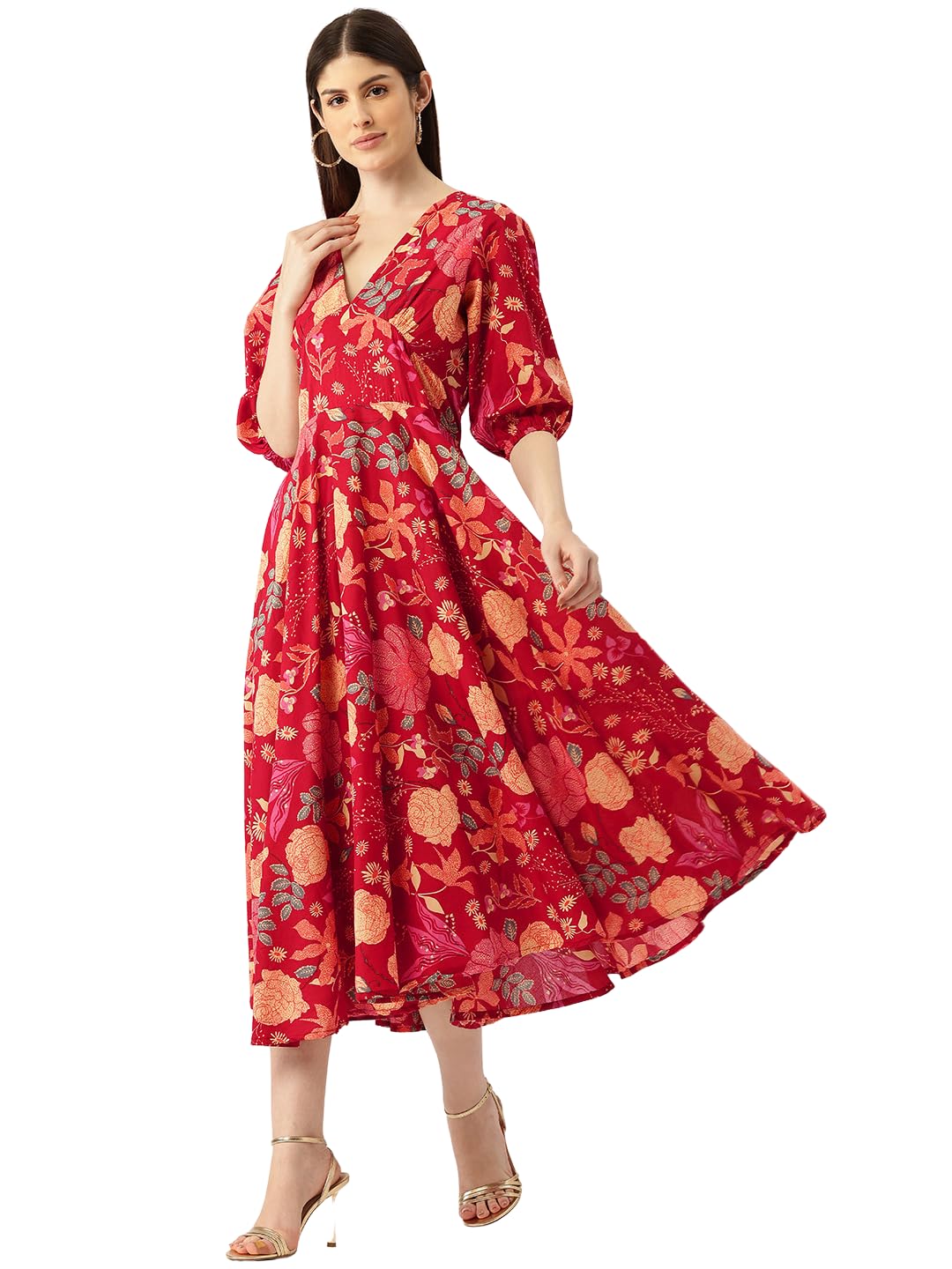 feranoid Elegant V-Neck Back Zip Maxi Gown with 3/4 Sleeve for a Sophisticated Look. Maxi Length Perfect for Formal Events and Parties.-picture-43