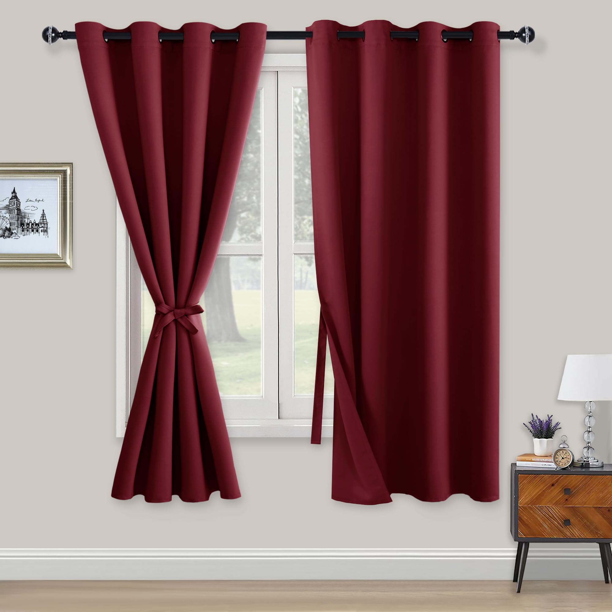 Rideaux opaques bordeaux 160x132cm lot de 2 avec embrasses pour salon