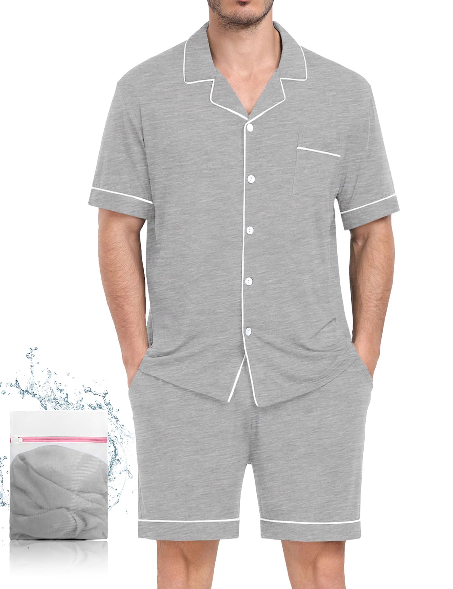 YOPUGEE Mens Pajamas Set Short Sleeve Sleepwear Button Down Loungewear Set Soft Modal 2Pcs Pj Set with Pockets S-3XL