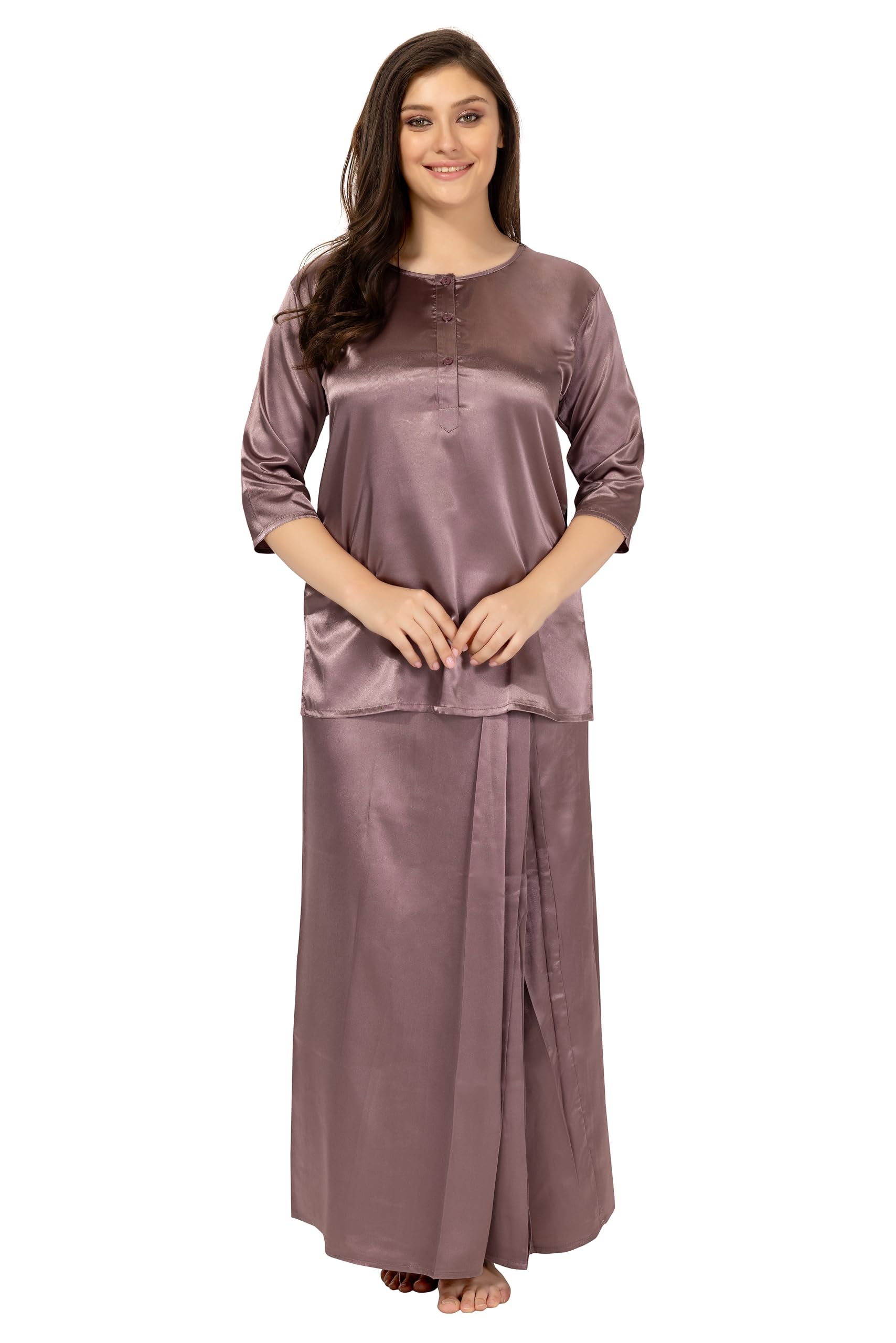 play loungewear Women's Lungi Kurta Nighty Solid Satin Round Neck 3/4th Sleeve Kurta and Skirt Night Dress Two Piece Co-ord Set-picture-21