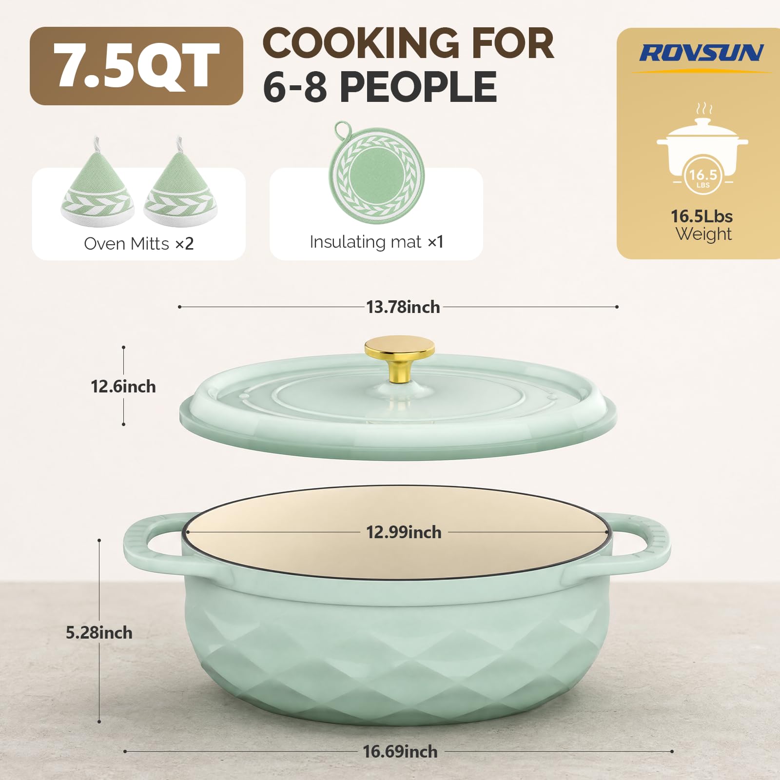 ROVSUN Forno olandese in ghisa a forma di diamante con coperchio, 7,5 QT