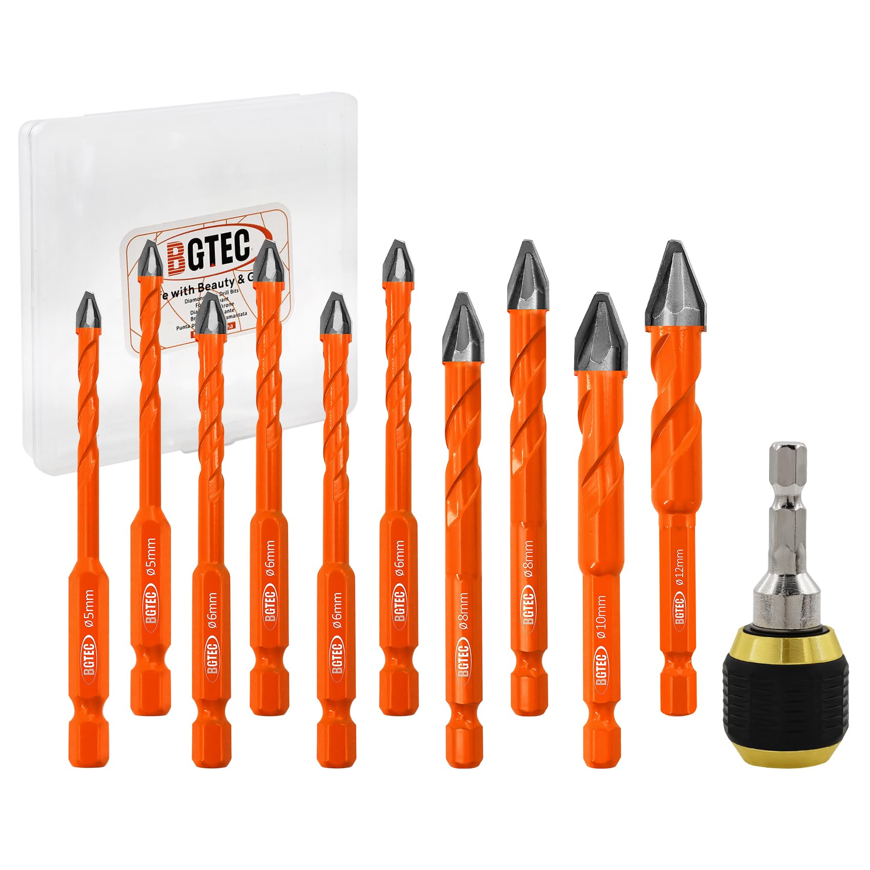 BGTEC Juego de brocas excéntricas de cabeza sesgada de alta dureza - 10 piezas 5MM*2+6MM*4+8MM*2+10MM+12MM Broca de metal duro con adaptador de portabrocas para madera plástico albañilería azulejo
