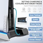 PS5/Slim/Pro Support pour le disque & Console numérique, PS5 Refroidissement & Station de recharge avec RGB Éclairage ambiant PS5 Contrôleur Chargeur intégré 3 Ventilateur de niveau, PS5/Slim/Pro Les accessoires viennent 3 USB Ports