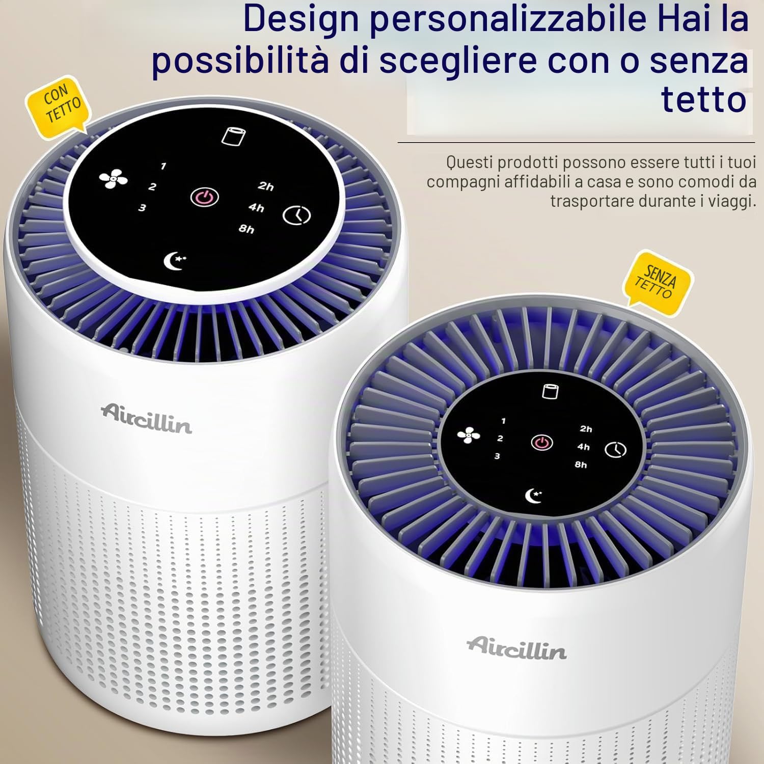 Aircillin Set di 2 Purificatori d'Aria Hepa, per Allergie, AP070B | Fino a 45m², Purificatore Aria Filtro contro il 99,97% di muffa, peli di animali e odori，6W, Timer, 23 dB, Luce notturna