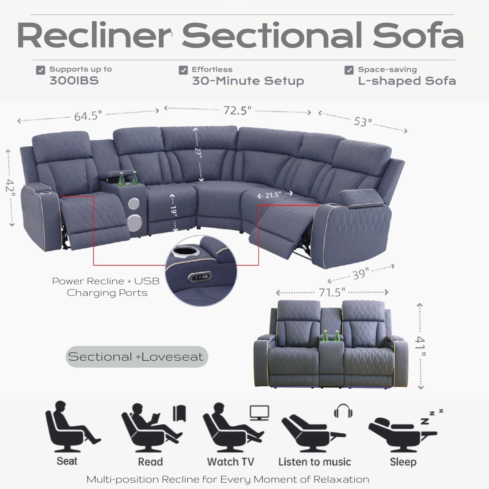 Power Reclining Sectional Sofa Set with Speakers, L-Shaped Sanded Leather Recliner Sectional Couch with USB Ports, Cup Holders & Storage, Luxury Living Room Furniture Set for Home and Office view 2