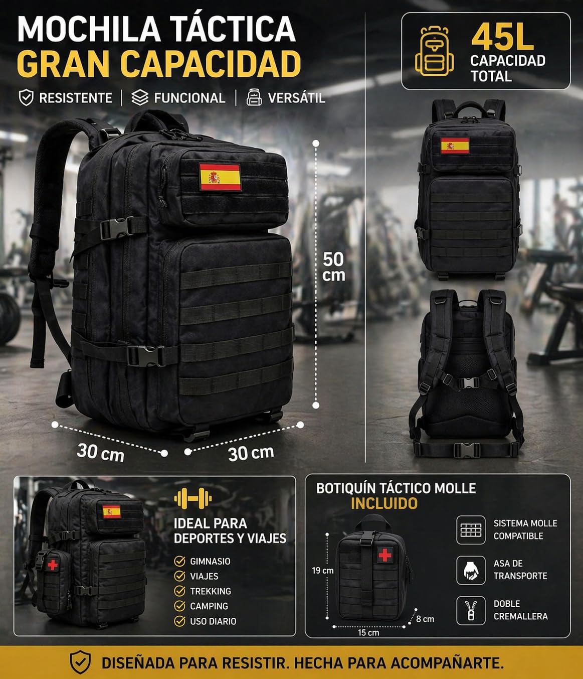 Mochila Táctica Militar 45L con Sistema MOLLE – Mochila Impermeable para Supervivencia y Emergencia, Senderismo, Camping y Outdoor – Mochila Resistente Trabajo y Herramientas + Botiquín MOLLE