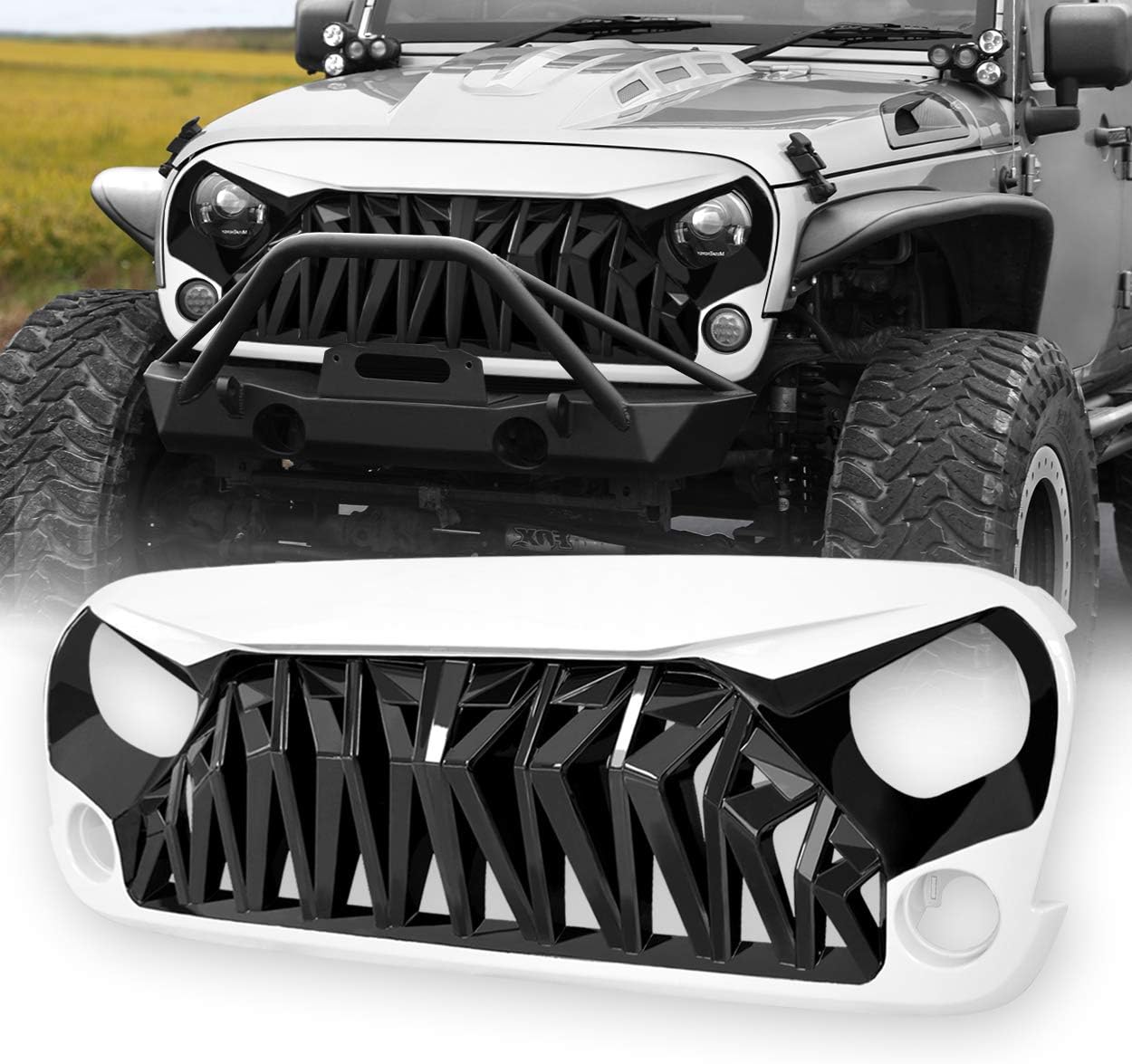 Allinoneparts White & Black Front Shark Grille for Jeep Wrangler Rubicon Sahara Sport JK JKU 2007-2018, ABS