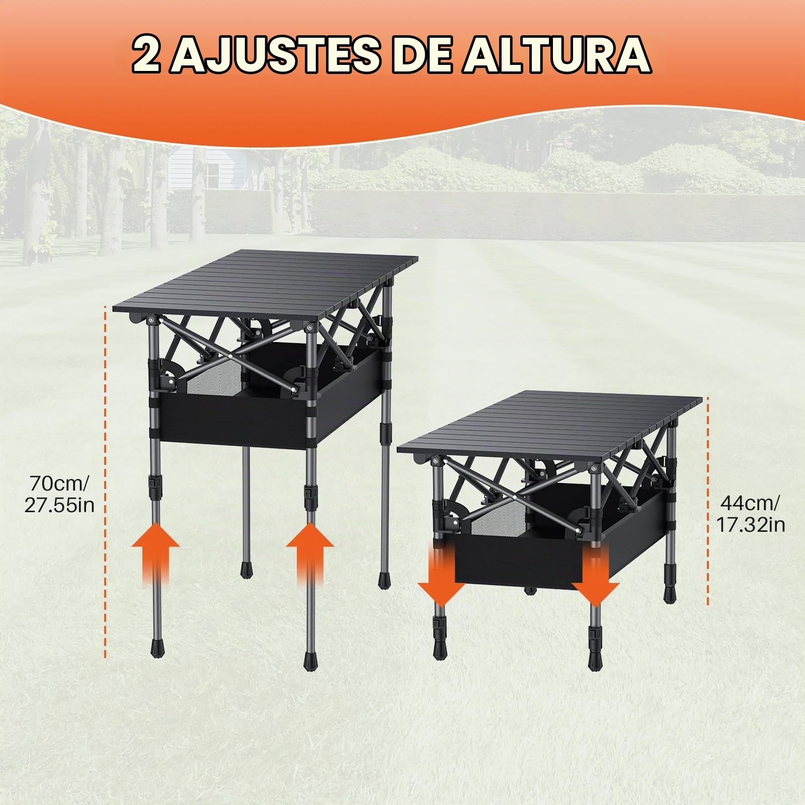 FUNYKICH Mesa Plegable de Camping 82 x 40cm con 2 Alturas Ajustables (44/70cm), Fácil Montaje, Bolsa de Malla Tablero Enrollable de Aluminio para Barbacoa