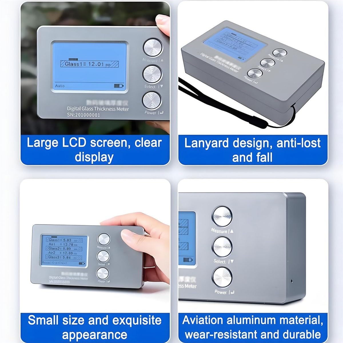 Medidor digital de grosor de vidrio con alta precisión para medir vidrio de una sola capa y laminado en varias aplicaciones