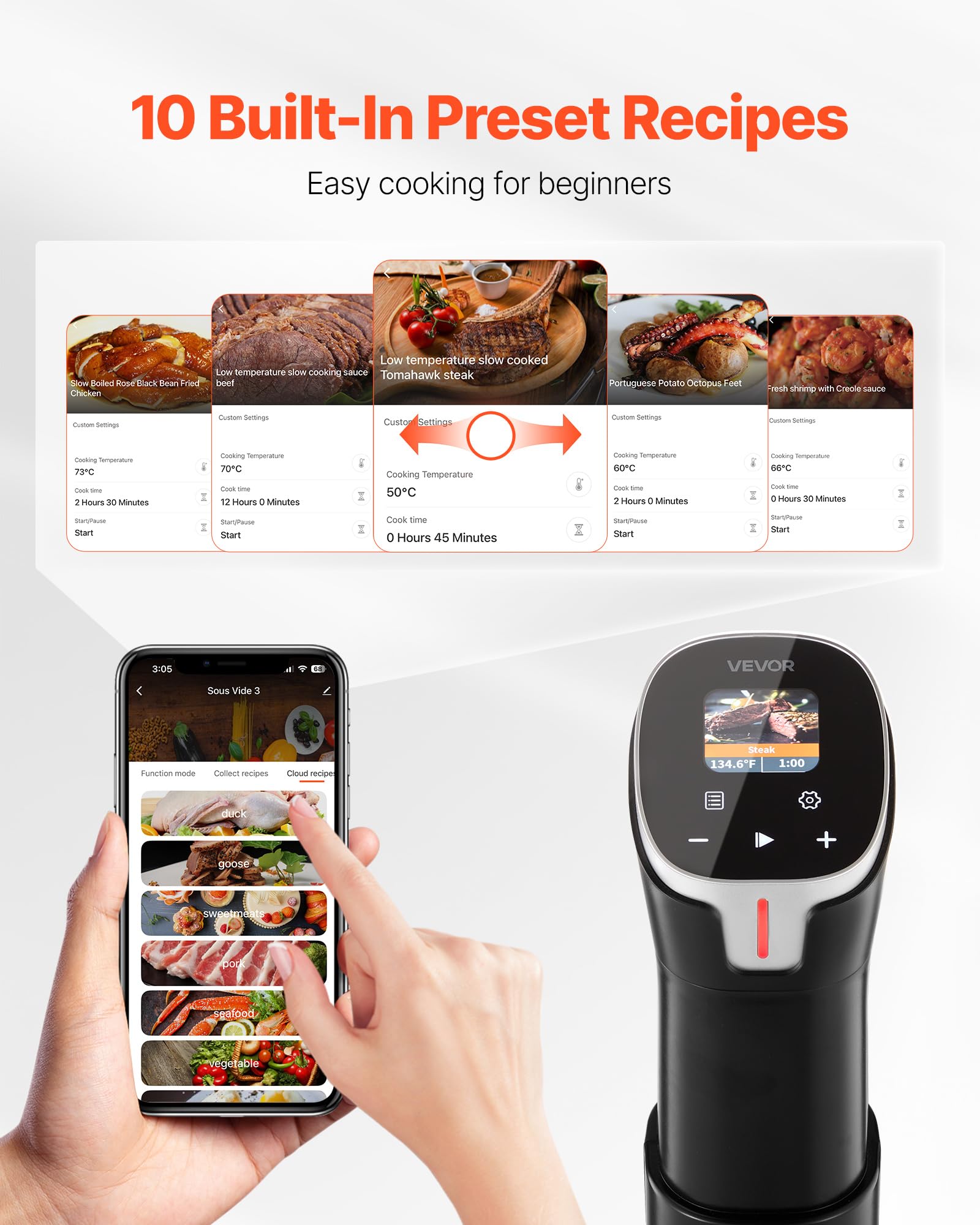 VEVOR Thermoplongeur Cuisson Sous Vide 1100 W Cuiseur Sous Vide Wi-Fi avec Contrôle par Application, Écran Tactile LCD, 10 Recettes Prédéfinies, Chauffage Rapide, Température et Minuterie Précises