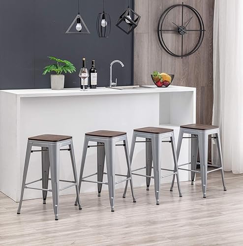 Miniatura 27 de [Juego de 4] Taburete metálico apilable industrial moderno para interior/exterior 17 pulgadas, Metal Plata sin espalda con madera,Sin espalda negro