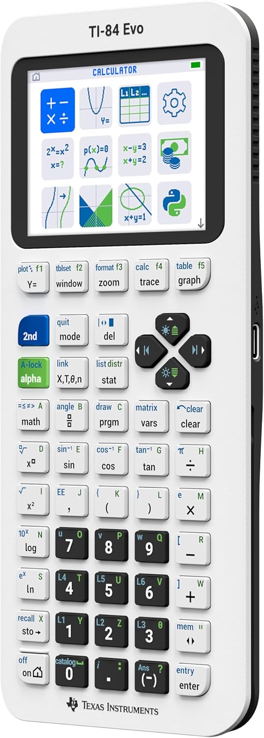 TI-84 Evo Graphing Calculator Texas Instruments, White – USB-C Charging, Python Programming, Faster Performance and Bigger Graphs Than TI-84 Plus CE