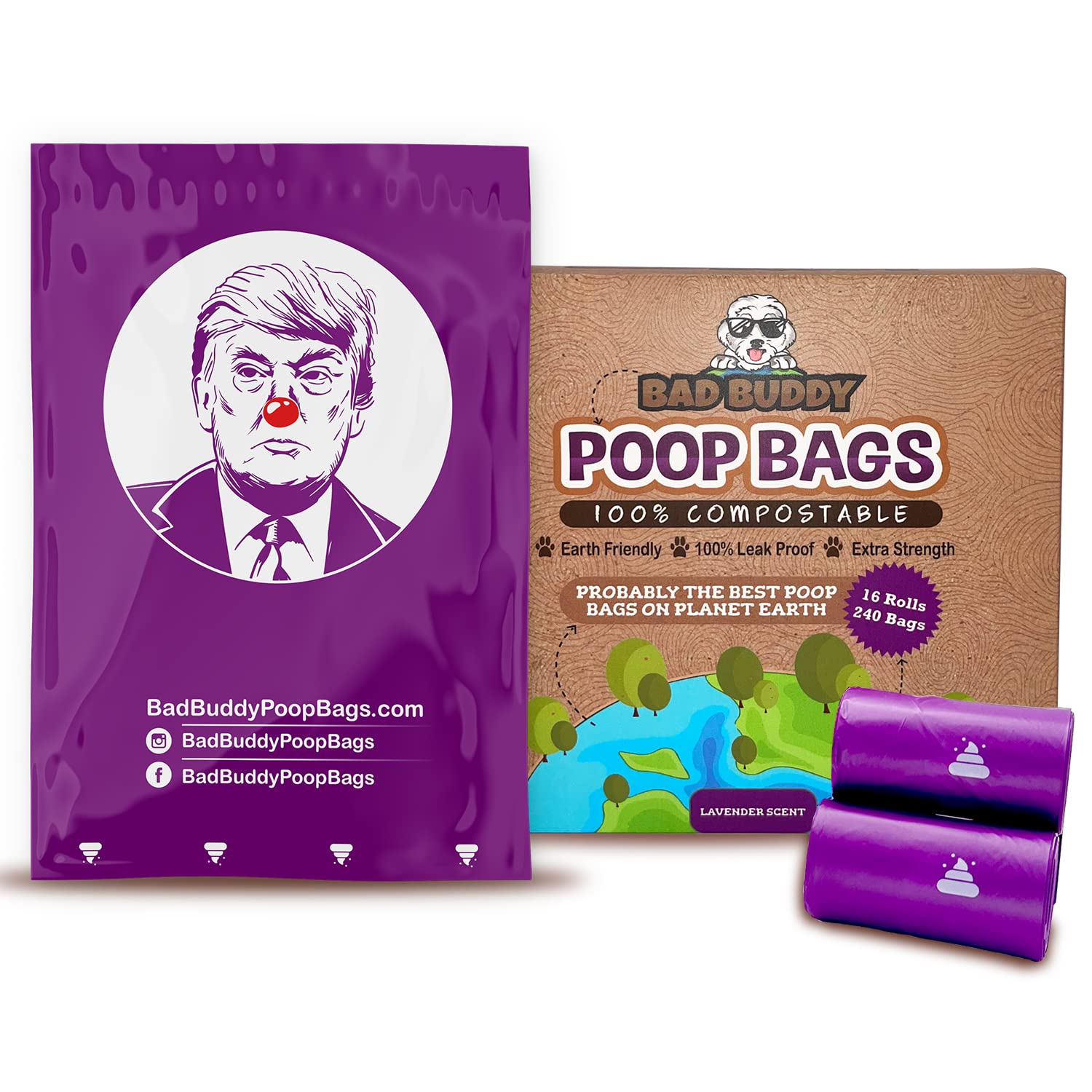 BAD BUDDY Compostable Dog Poop Bags, 240 Refill Bags, 100% Earth Friendly, Extra Thick, Leak Proof, Lavender Scented Dog Waste Bag, TRUMP CLOWN