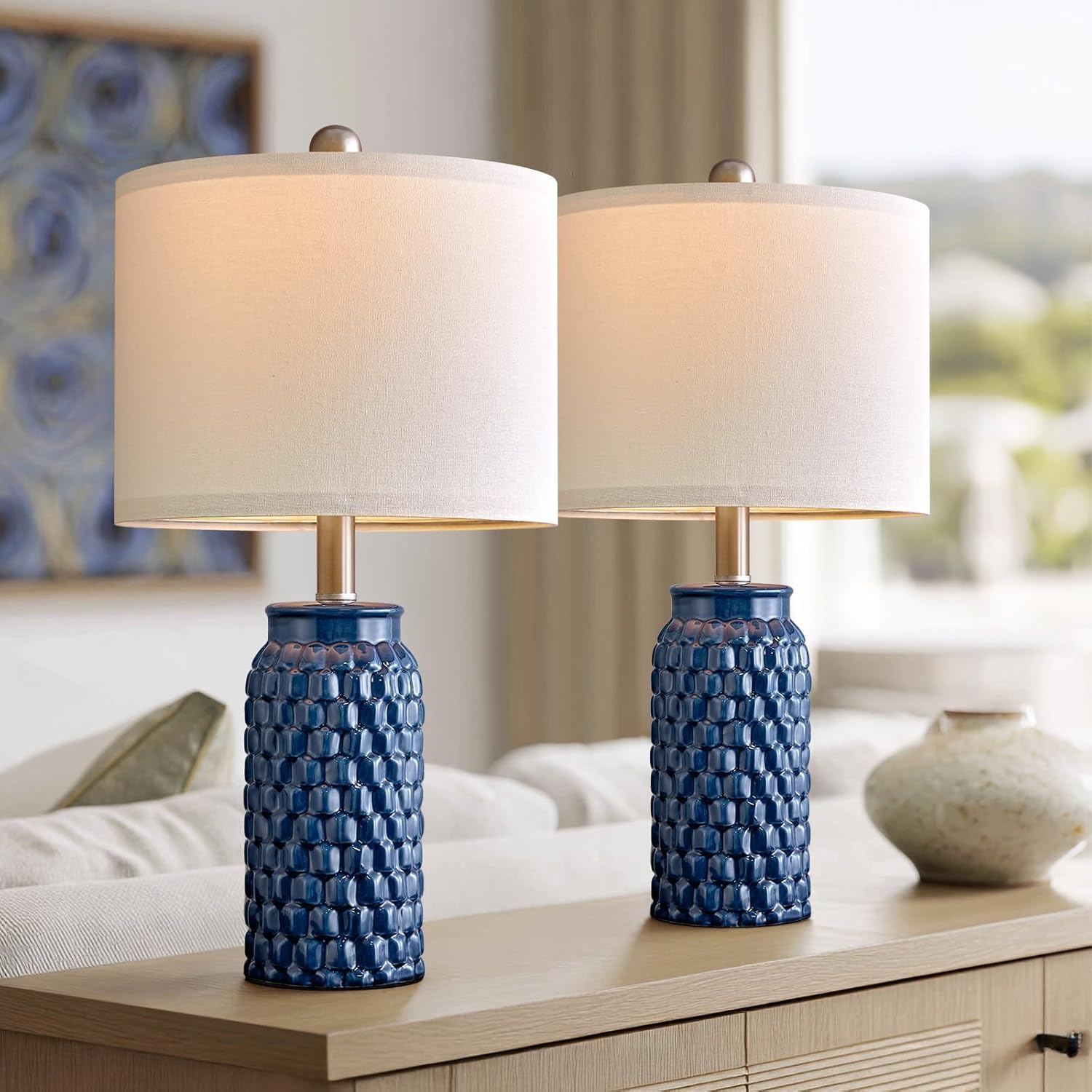 20.5" Small Bedside Lamps Set of 2 with 5FT Cord, Blue Ceramic Modern Farmhouse Table Lamps for Nightstand, Living Room, Bedroom, 3D Honeycomb Stylish End Table Lamps(Bulb Not Included)