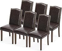 Dumos Dining Chairs Set of 6 - Modern PU Leather Padded Kitchen Chairs with Wooden Legs, Brown - Durable Comfort for Dining Room