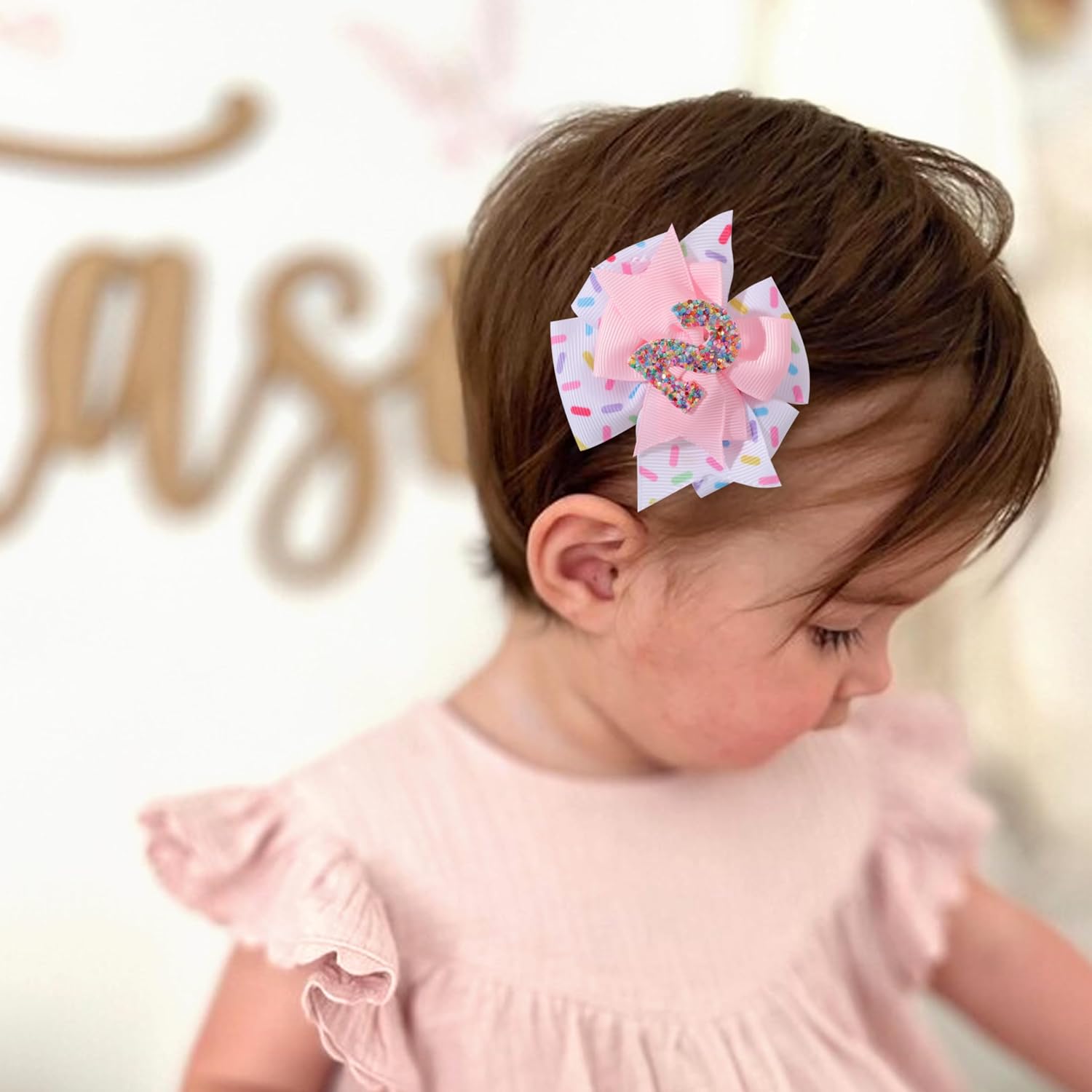 Sprinkle Hair Bow for Baby Girls - Confetti 2nd Birthday Pink Bow Party Decorations, Ice Cream for 2 Years Old image 4