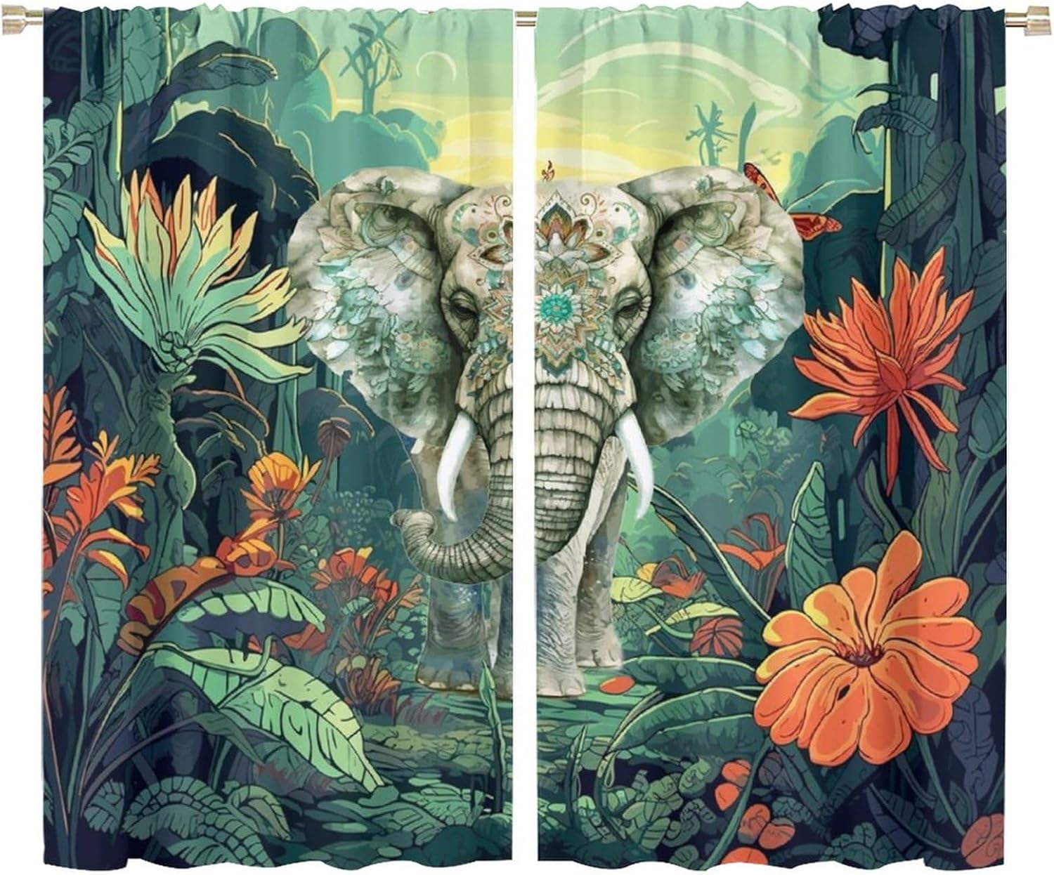 Watercolor Tropical Wildlife Elephant Blackout Curtains for Bedroom, Rustic Boho Animals Summer Jungle Plants Florals Rod Pocket Thermal Insulated Curtains Window Drapes 2 Panels 63" L x 36" W