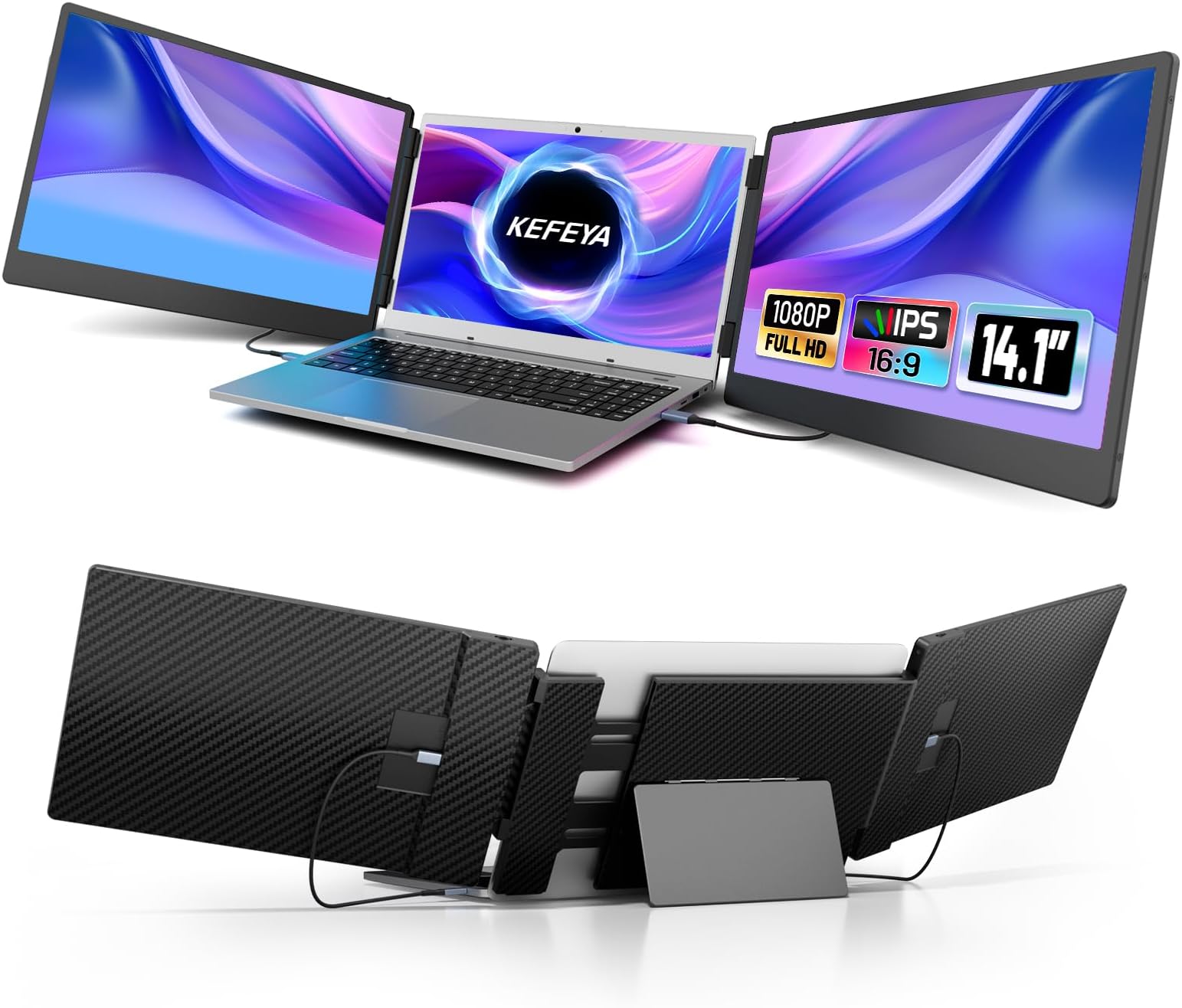 KEFEYA Laptop Screen Extender - 14.1" Triple Portable Monitor with Sturdy Metal Kickstand for 13-17 Inch Laptops, 1080P HD IPS Laptop Monitor Extender Plug and Play for Windows/Chrome/Mac/Switch/PS5