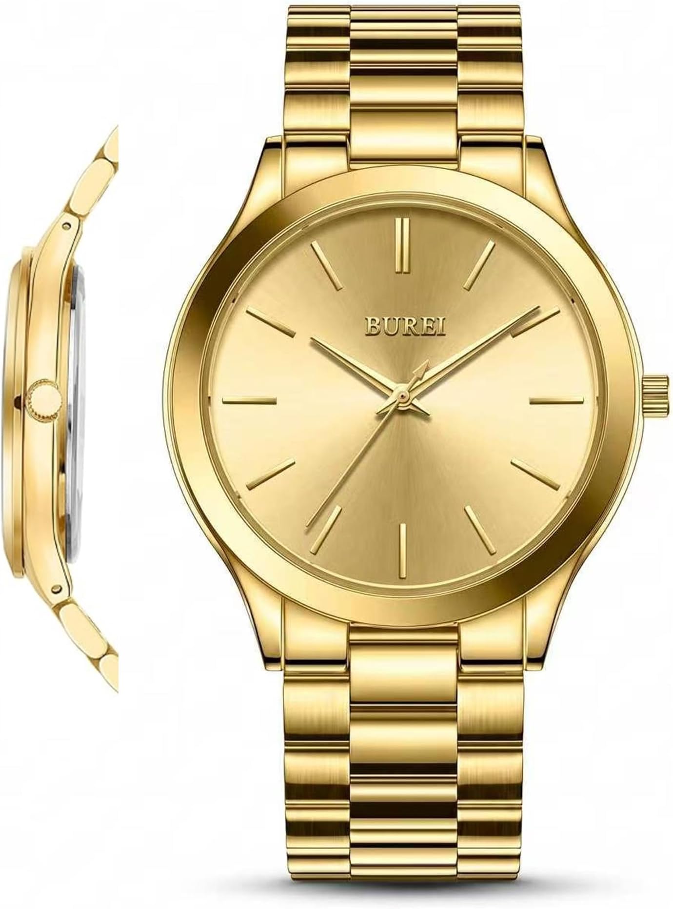 BUREI Men's Watches Black Minimalist Quartz Watch for Men 44 mm Large Dress Watch with Stainless Steel Strap