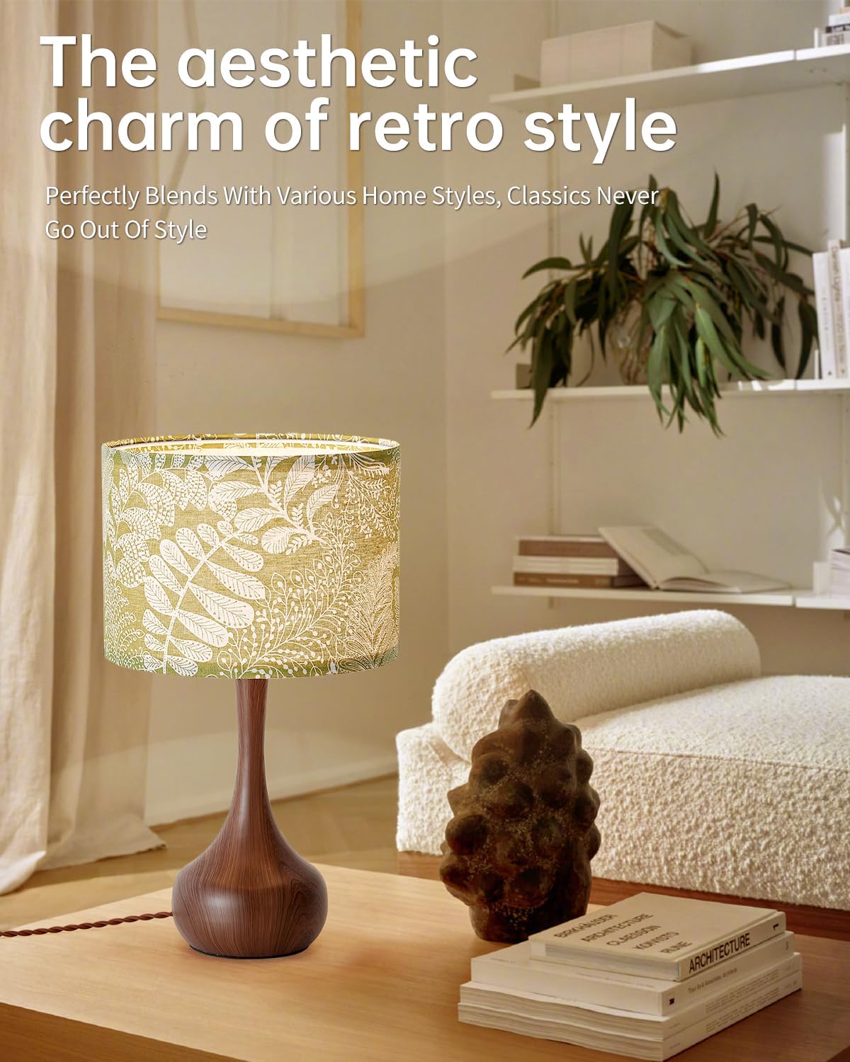 Bedside Nightstand Table Lamp for Bedroom Set of 2, Red Wood Pattern Vintage Farmhouse Decorative Small Table Lamp Desk Lamp for Living Room Home Office with Boho Green Flower Fabric Shade