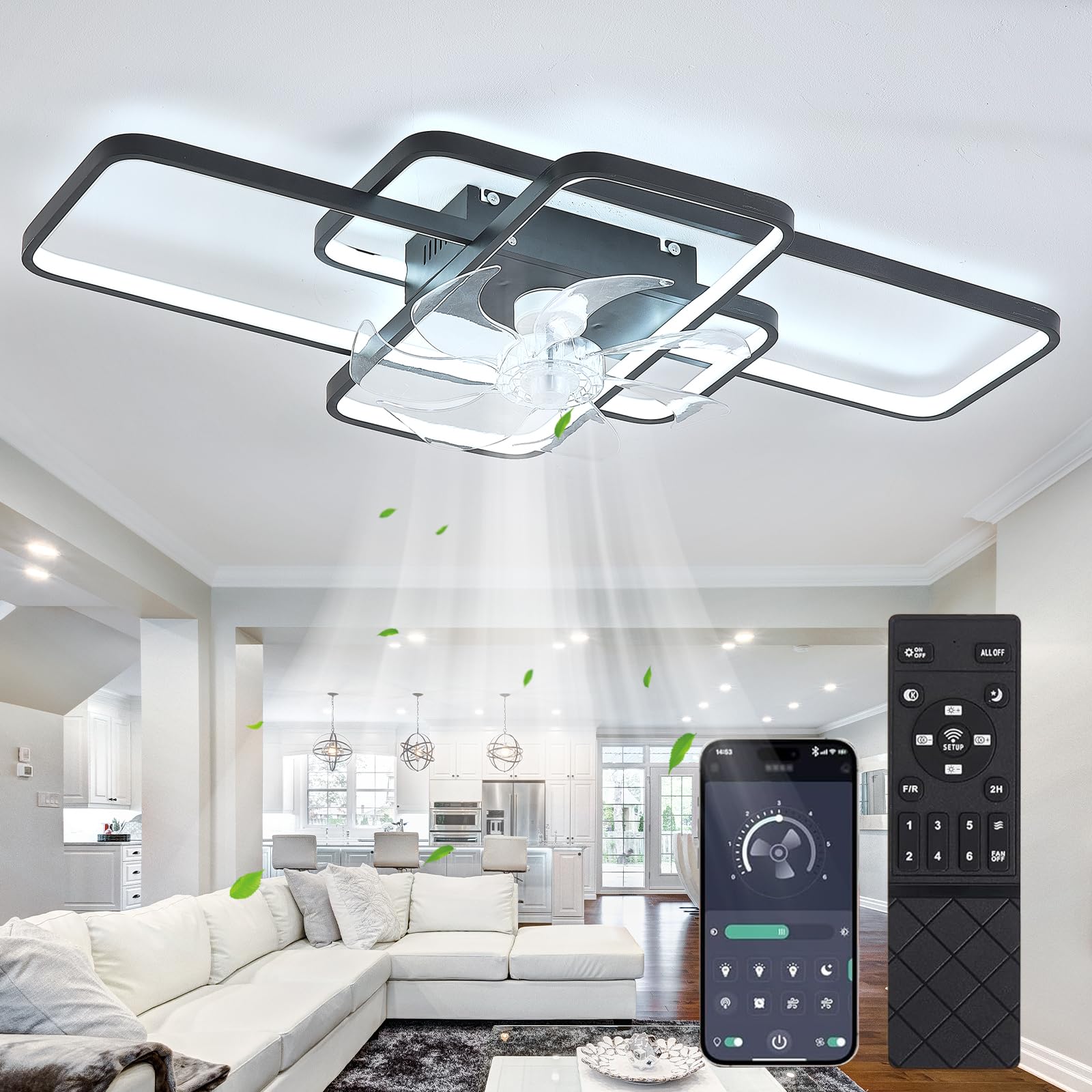 Ventilatore Da Soffitto Con Illuminazione, Ventilatore Da Soffitto A LED 80W Con Telecomando Lampada Ventola Dimmerabile 6 Velocità Del Vento Plafoniera Per Soggiorno Camera Da Letto Luce Nero 72cm