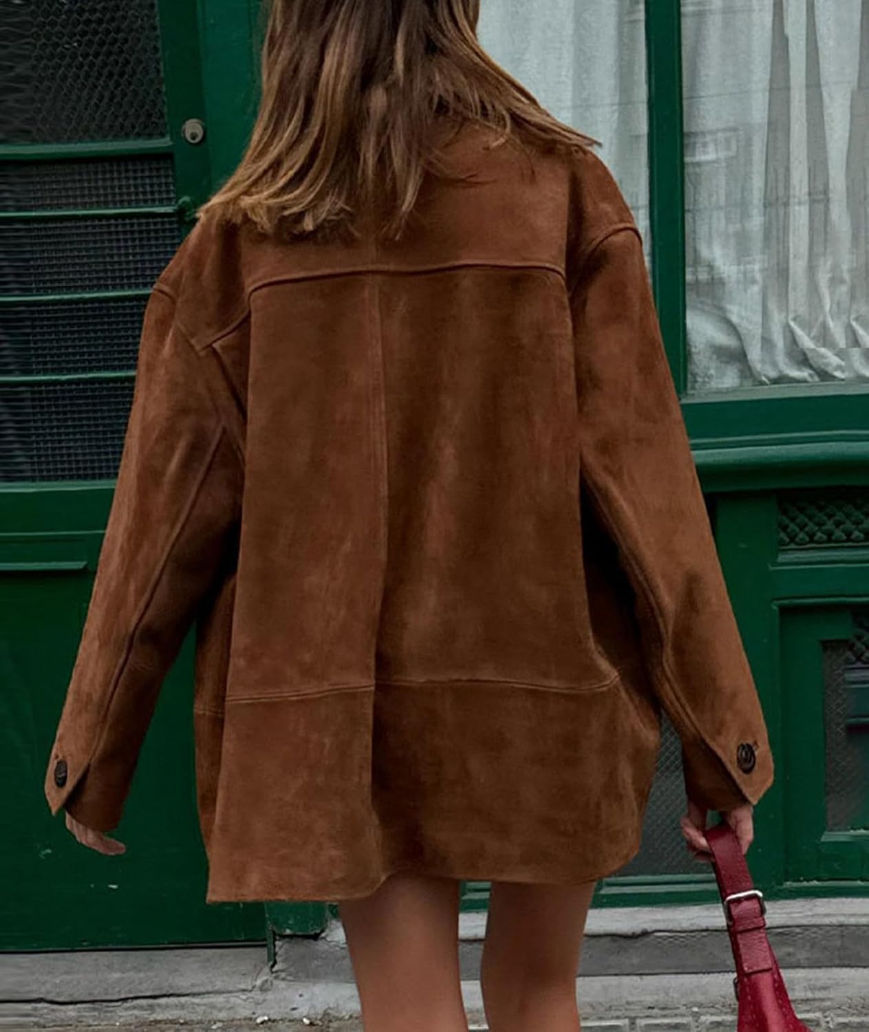 SOMTHRON Women's Oversized Faux Suede Leather Jacket Button Down Lapel Fall Boyfriend Shacket Coat Outerwear