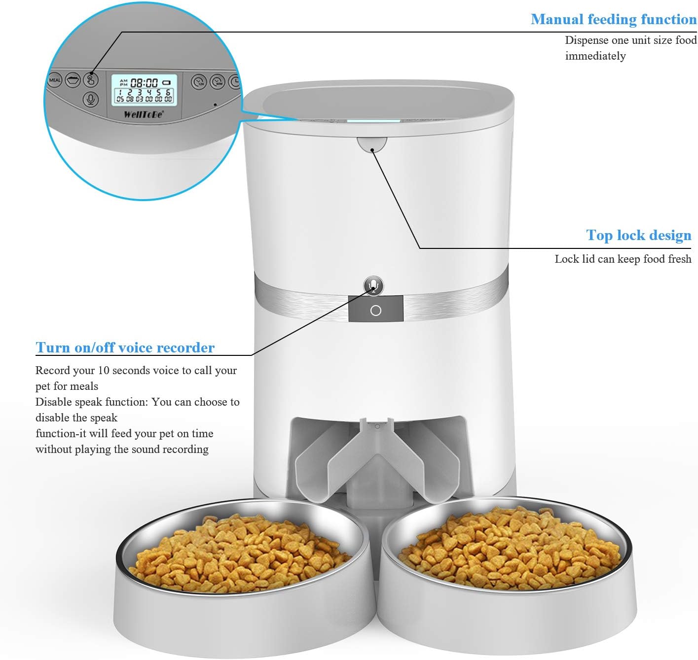 Automatic Cat Feeder, WellToBe Pet Feeder Food Dispenser for Cat & Small Dog with Two-Way Splitter and Double Bowls, up to 6 Meals with Portion Control, Voice Recorder - Battery and Plug-in Power : Everything Else