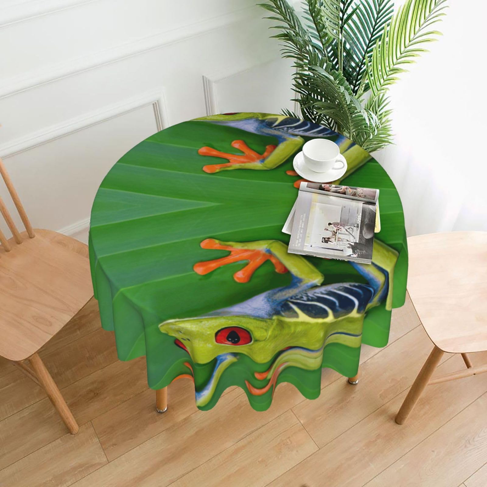 Uusnwaa Animal Frog Green Leaf Leaves Print Round Tablecloth 60 Inch, Stain Wrinkle Resistant Washable Polyester Table Cover For Kitchen Party