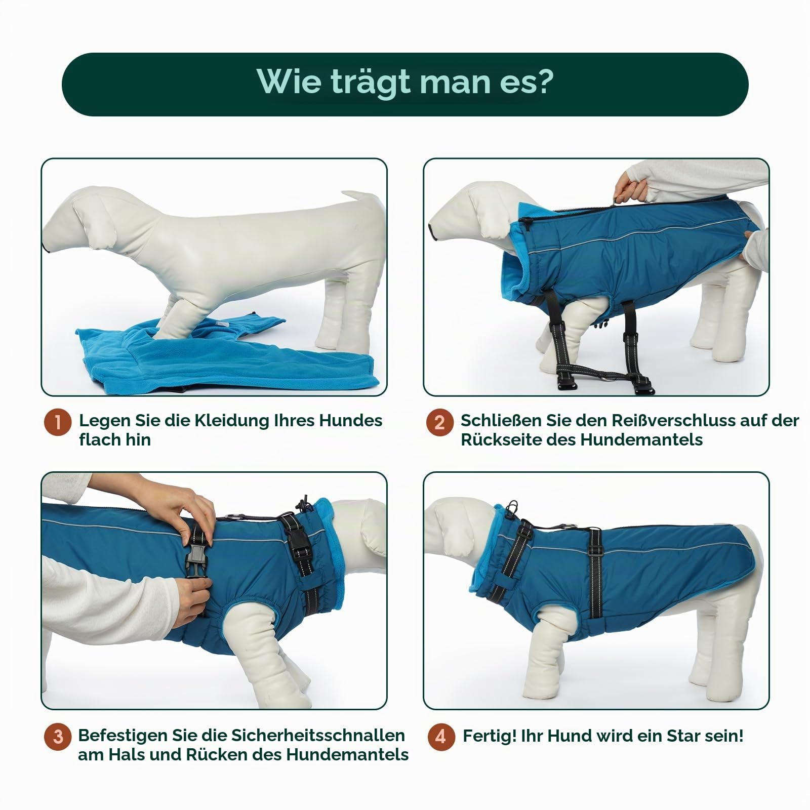 Kuoser Hundemantel für Mittelgroße Hunde Winter, wasserdichte Hundejacke mit Geschirr, Warmer Wintermantel Hund mit Fleecefutter, Fleecemantel Hundepullover Blau M