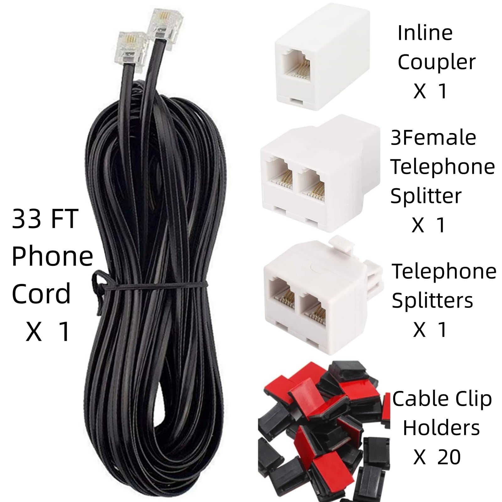 Telefonverlängerungskabel, 90 m, Telefonkabel mit Standard-RJ11-Stecker und Inline-Koppler, Telefon-Splitter, 3-Buchsen-Telefonverteiler und 20 Kabelclip-Halterungen (schwarz)