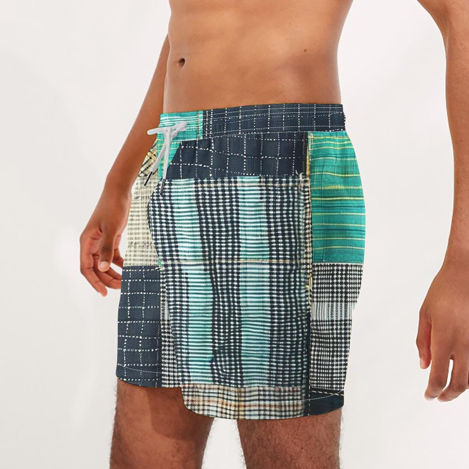 Men's Swim Trunks Beach Board Shorts Quick Dry Swimwear Sports with Pockets Vintage Patchwork Fashion Lightweight Pants