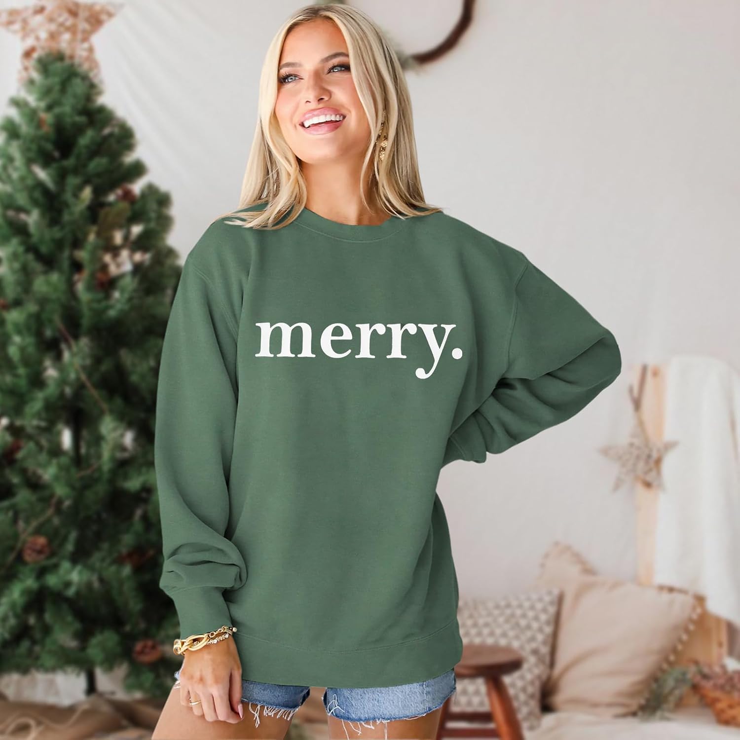 SOFEON Merry Christmas Sweatshirts For Women Holiday Long Sleeve Shirts Letter Print Crewneck Pullover Oversized Tops - Image 2