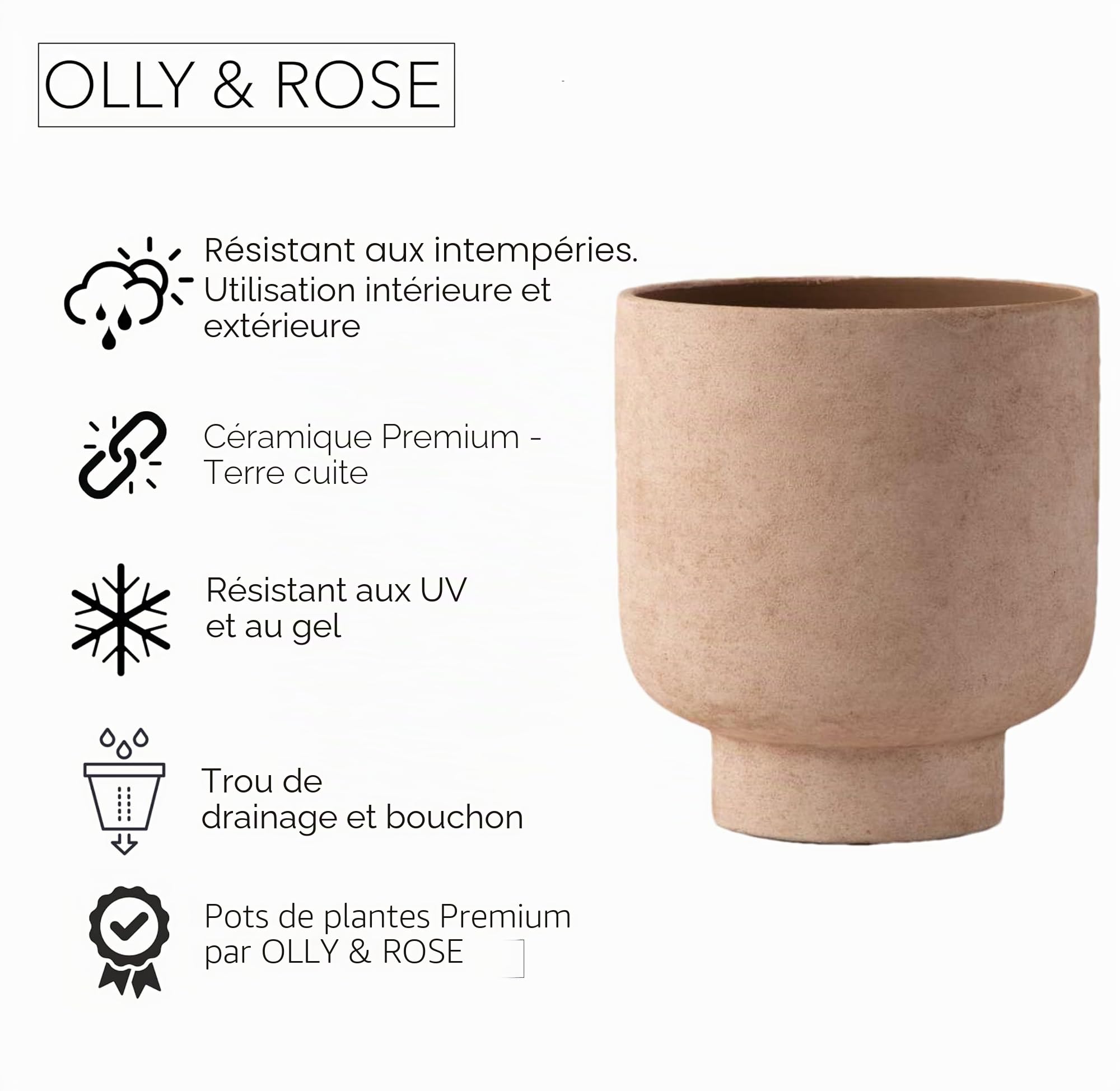 Olly & Rose Sienna Pot de fleurs surélevé en céramique 22,5 x 24,5 cm pour extérieur et intérieur – Pots de fleurs en terre cuite